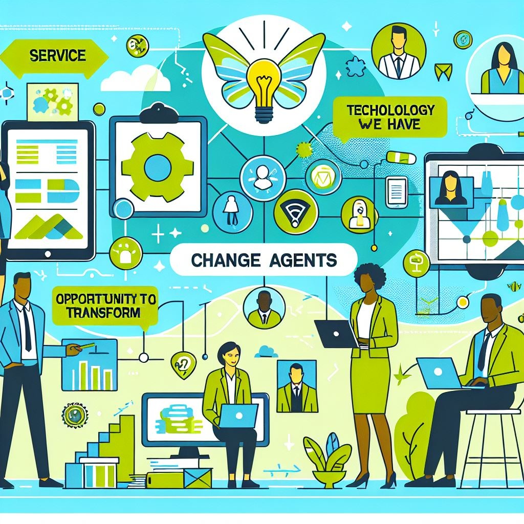 AI generated image representing change agents, with cartoon people and green technology symbols indicating transformation with technology