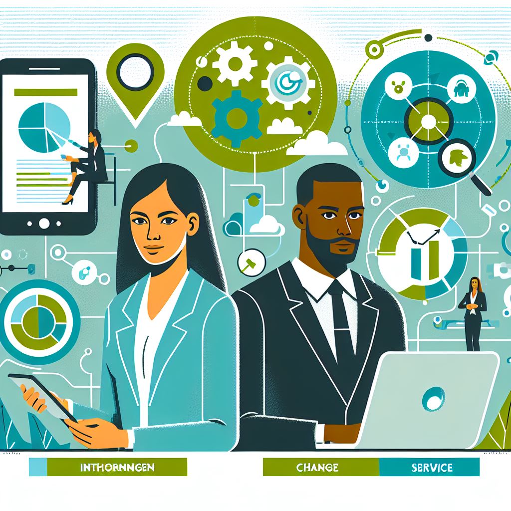 AI generated image representing change agents, with cartoon people and green technology symbols indicating transformation with technology