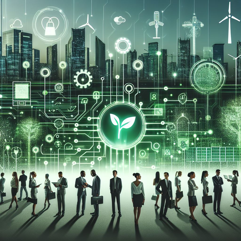 AI generated image showing technology and some of the values of WeChange.AI, notably commitment to people and sustainability representing the WeChange.AI mission and values