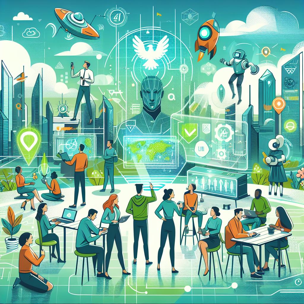 People working in harmony, AI generated image, lots of conversation, bright green background.