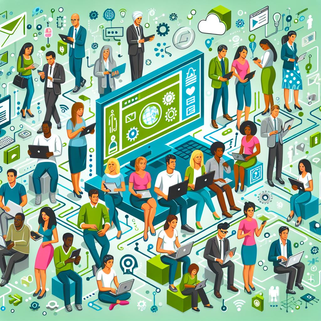 Image with green background showing lots of people around a large screen. Technology symbols all over the page.