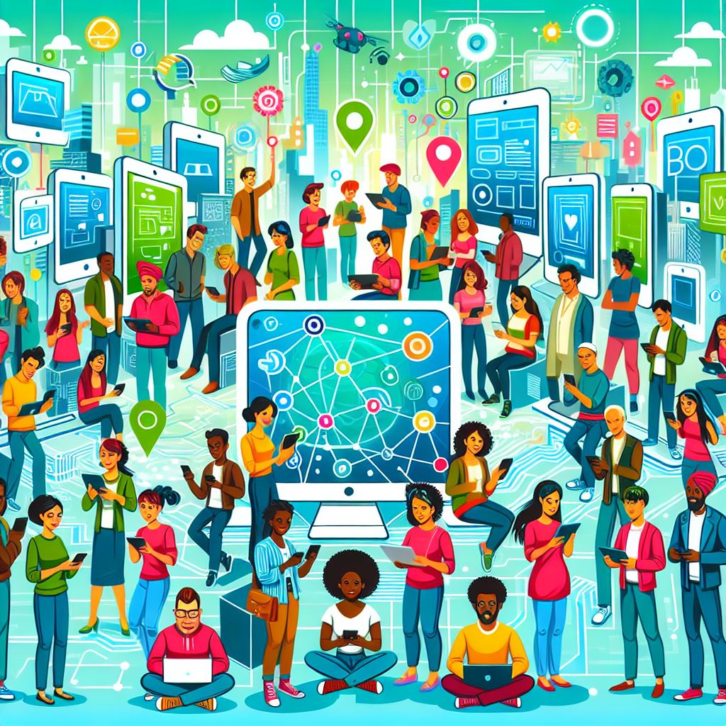 AI generated image showing lots of people representing a community. All using technology and sharing.