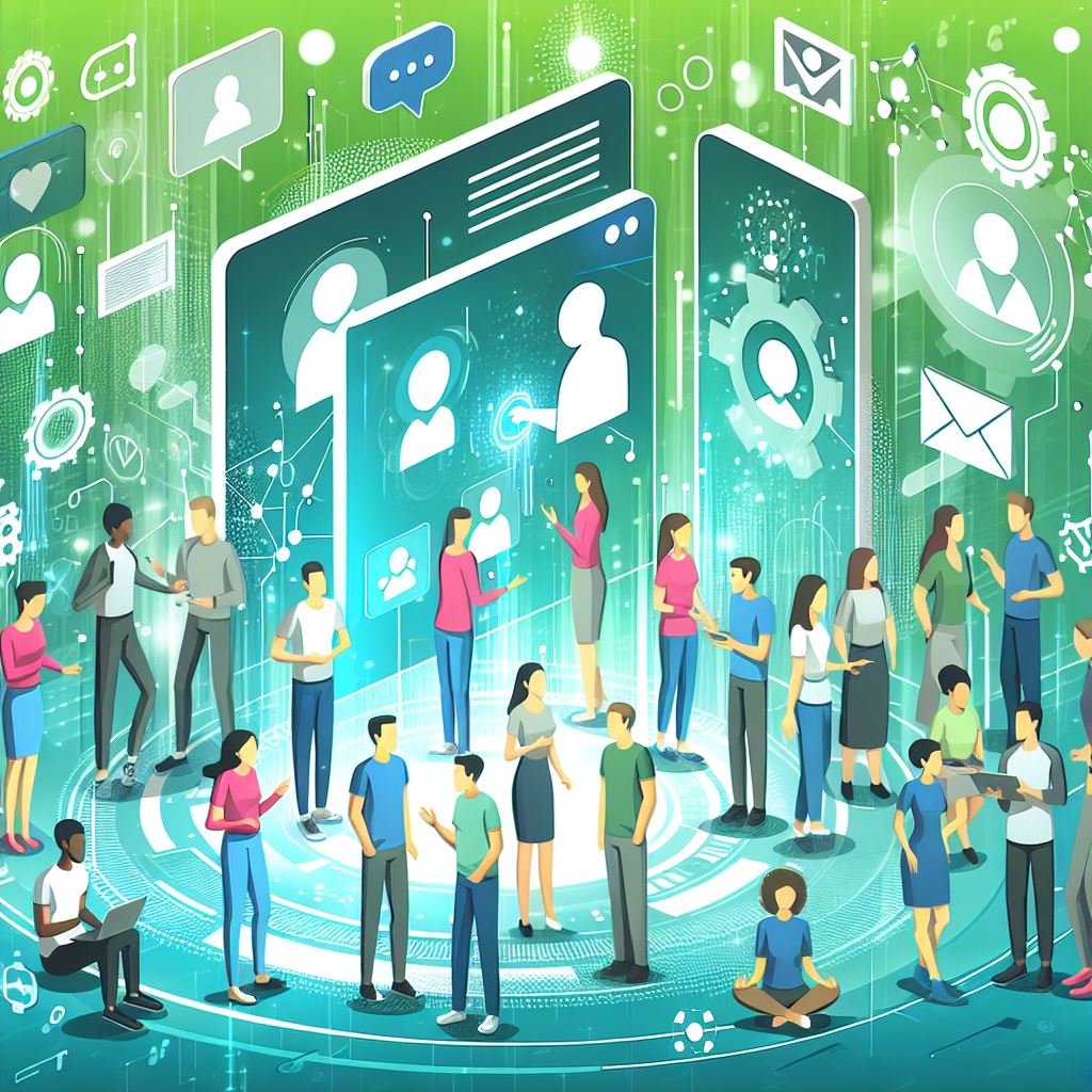 AI generated image with green background, people looking at screens.