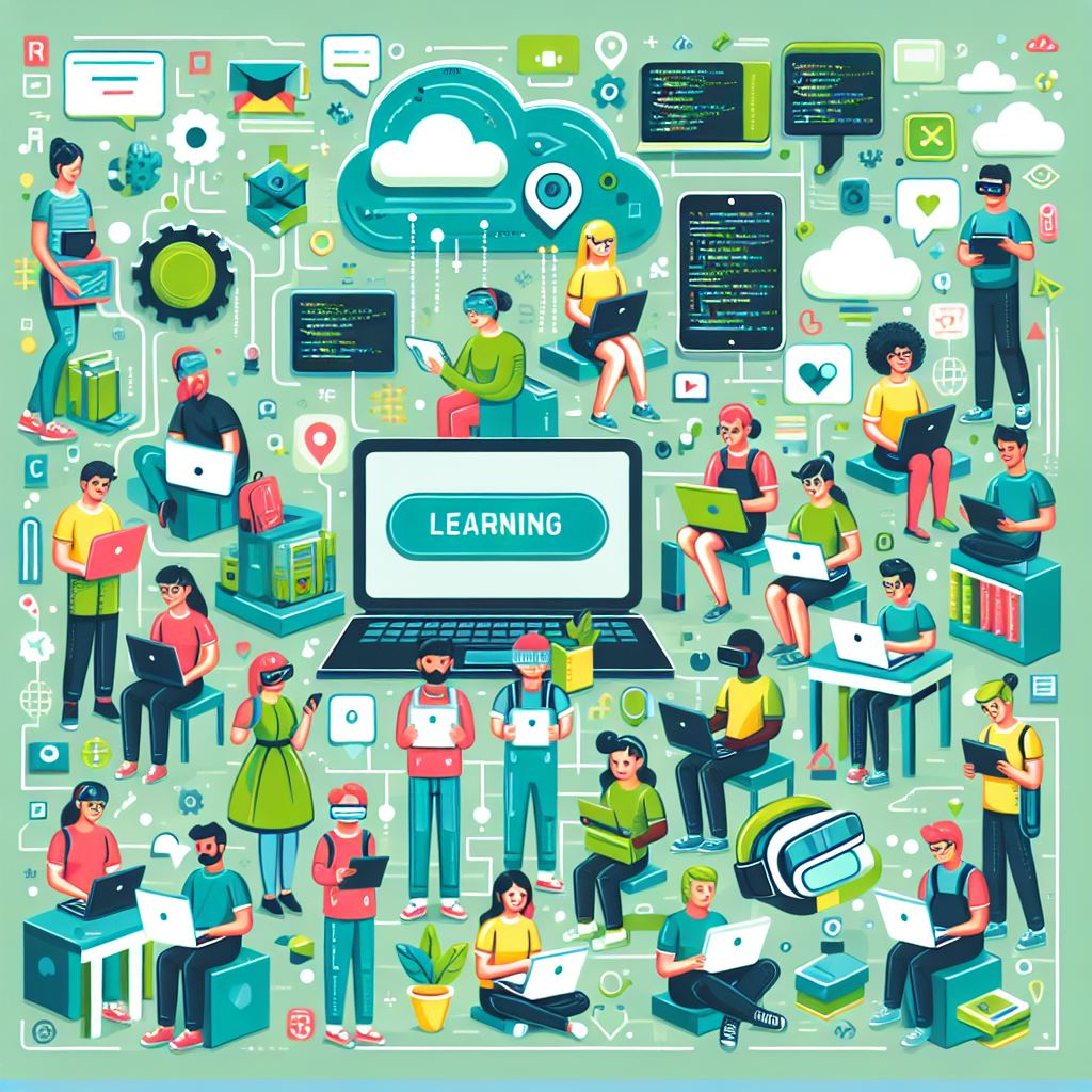 Cartoon style AI generated image of people learning with technology symbols and green background, with a laptop in the middle with the word "learning" on