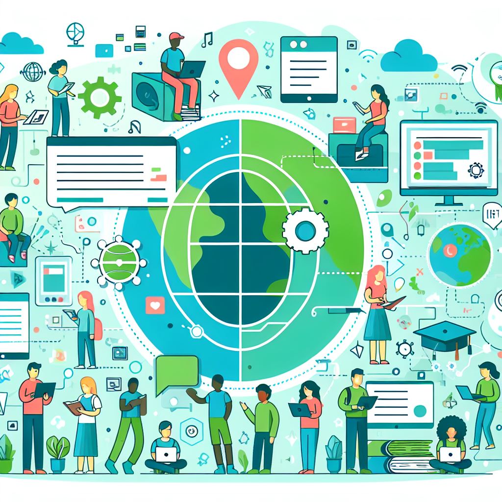 Cartoon style AI generated image of people learning with technology symbols and green background, an earth type symbol in the middle
