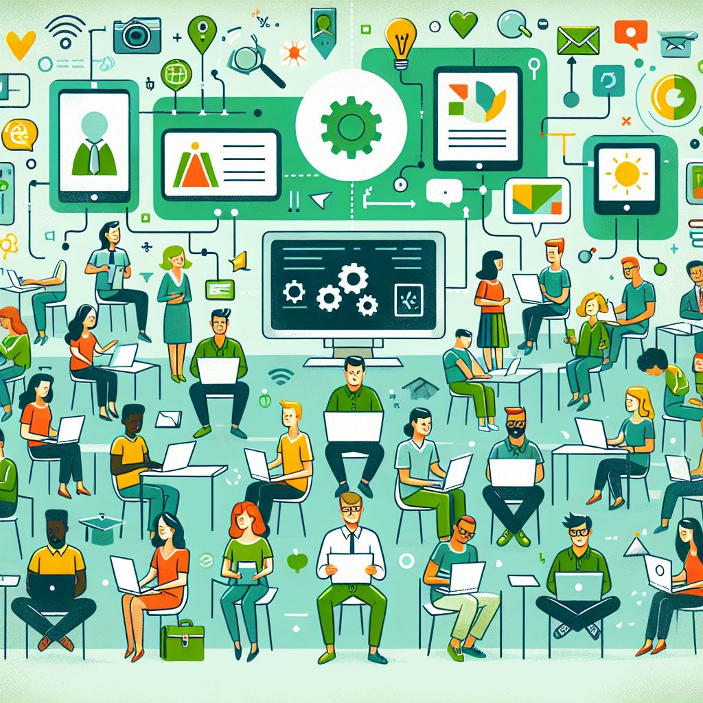 Cartoon style AI generated image of people learning with technology symbols and green background