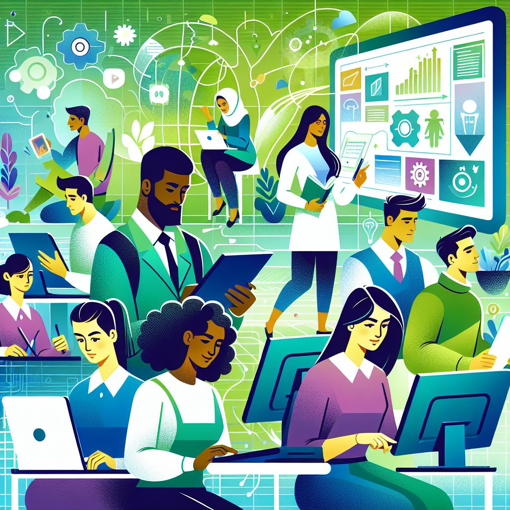 Cartoon style AI generated image of people learning with technology symbols and green background