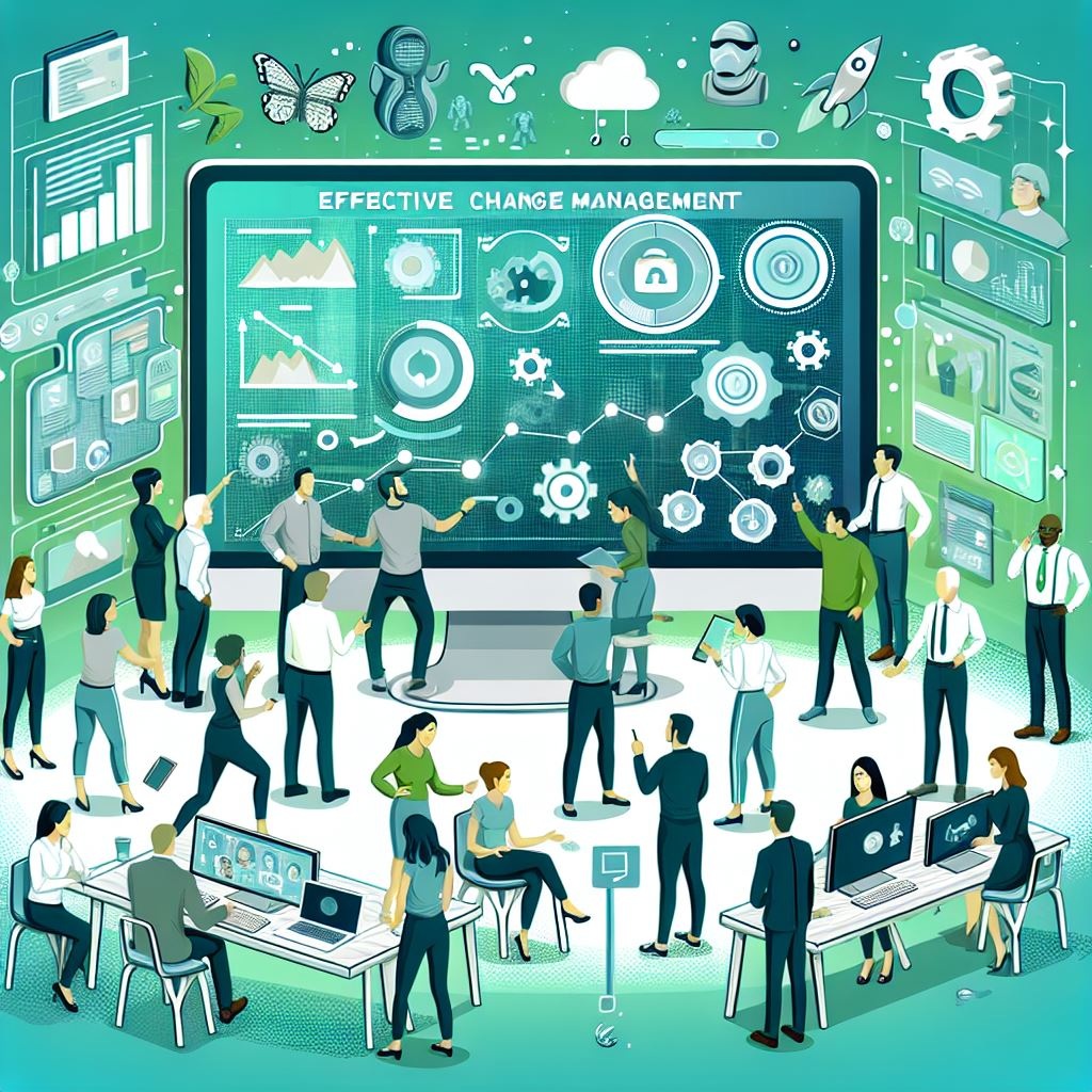 Cartoon AI generated image showing lots of people around a screen showing the words "Change Management"