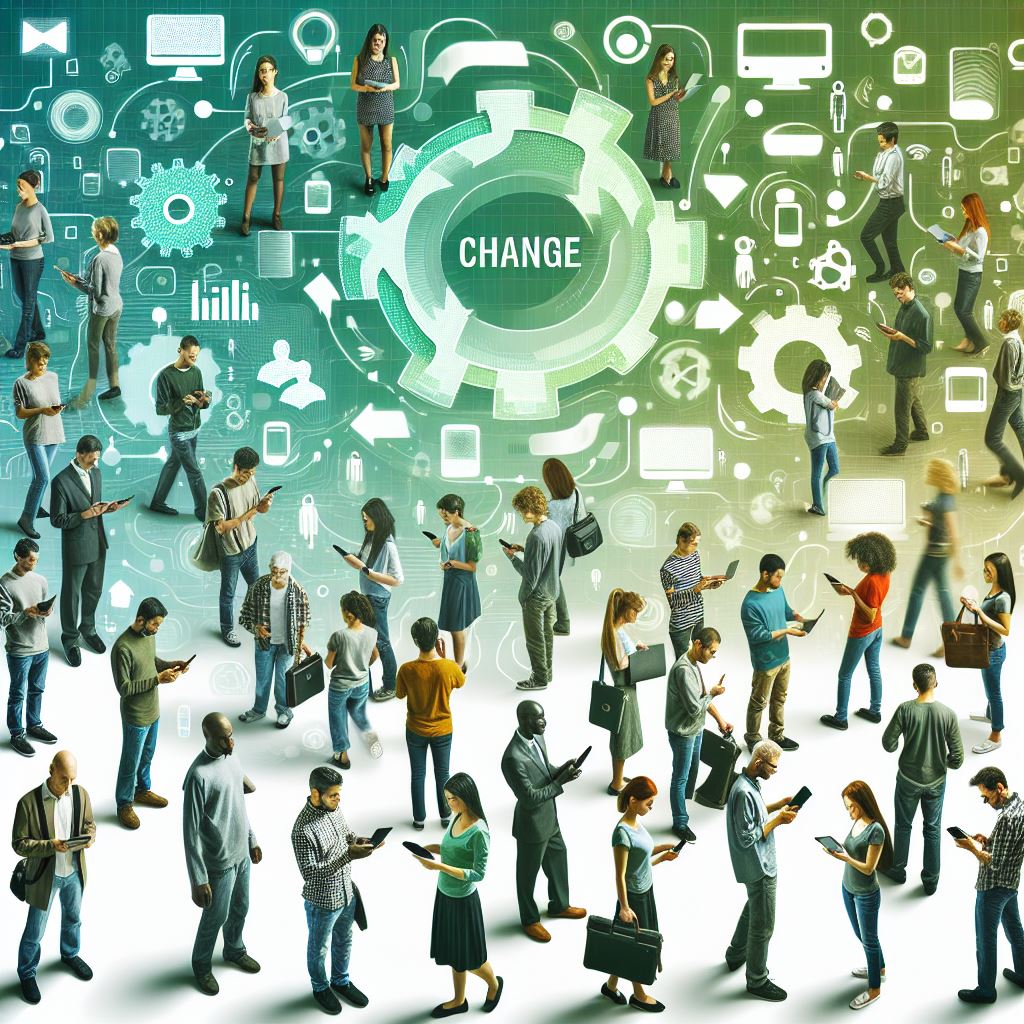 AI generated image with people holding technology all around the word "change"