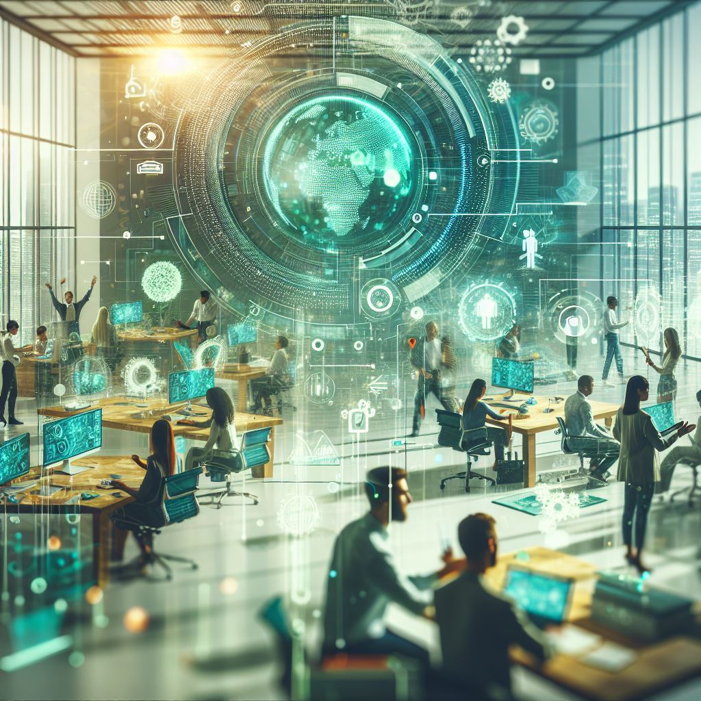 Futuristic image of people with a large green planet in the background and technology.