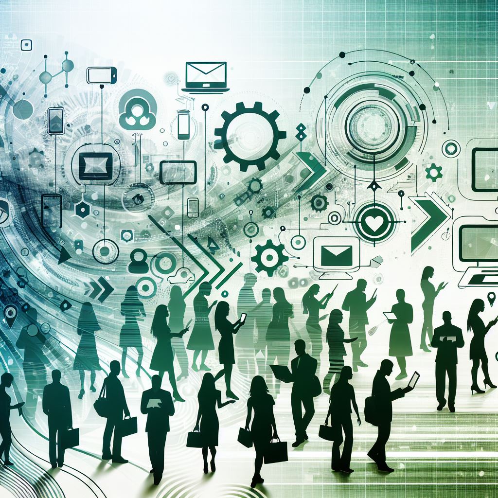 Futuristic image of people with a flow behind them and technology symbols