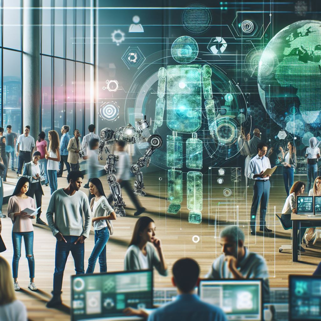 AI generated image, lots of people around some virtual people, all with technology.