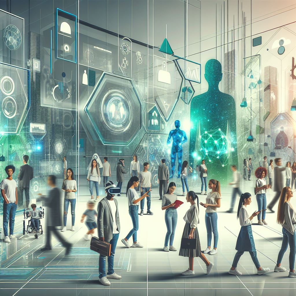 Futuristic image showing people with technology symbols all around.