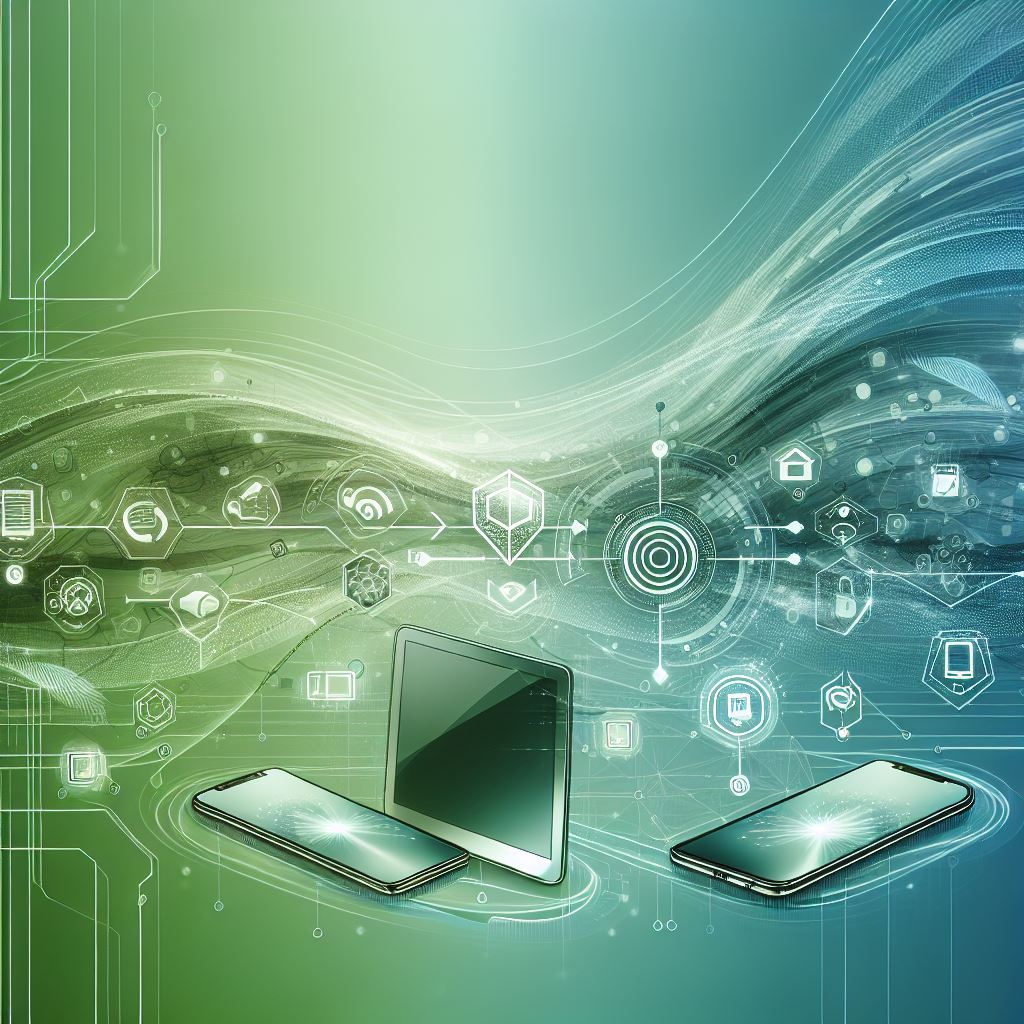 Image showing technology on a green background with a large wave of data running through the background.